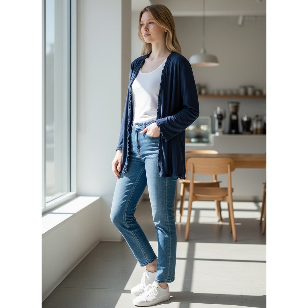 Jones New York Signature Petite Navy Blue Ruffle Front‎ Cardigan PM Hook-and-Eye